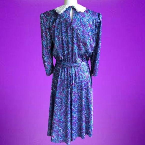 Vintage 80’s Paisley Lace Collar Dress Purple sz10 - Picture 4 of 16